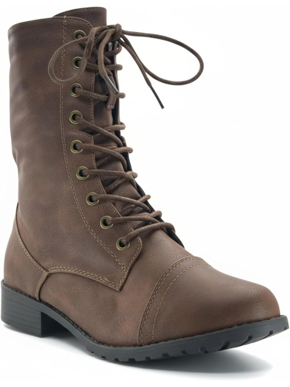Womens Brown Synthetic Lace up Round Toe Low Heel Comfortable Combat Boots
